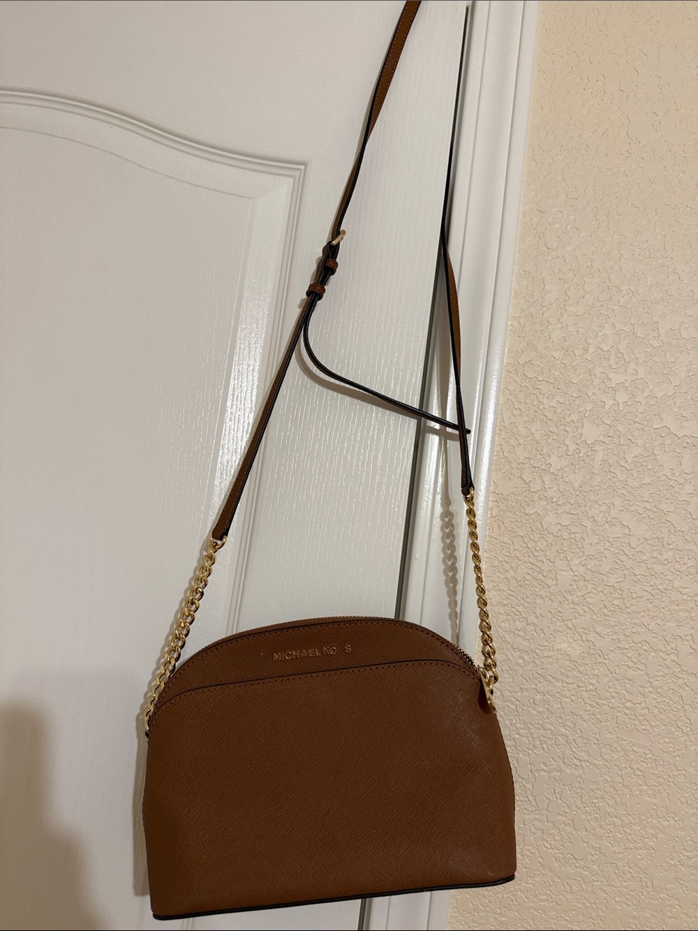 Michael Kors Cognac Leather Dome Crossbody with Gold Chain